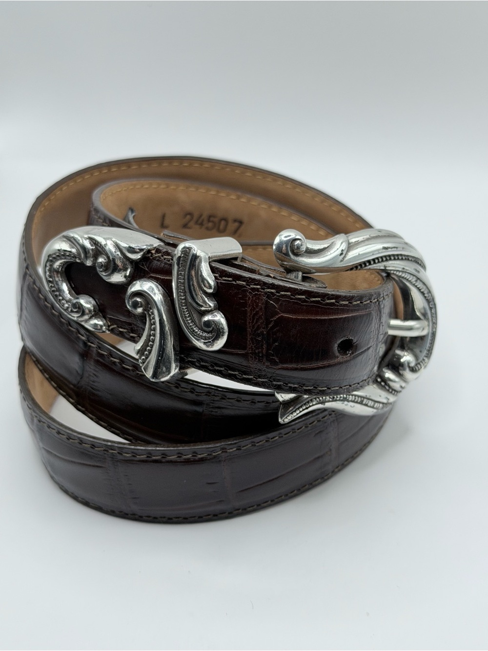 Brighton Dark Brown Leather Belt with Silver Logo Tag